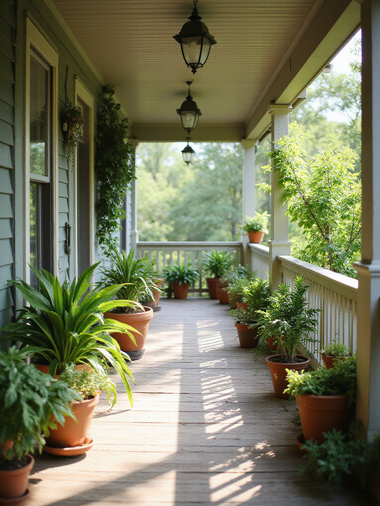 Lush green porch filled with potted plants and hanging greenery.