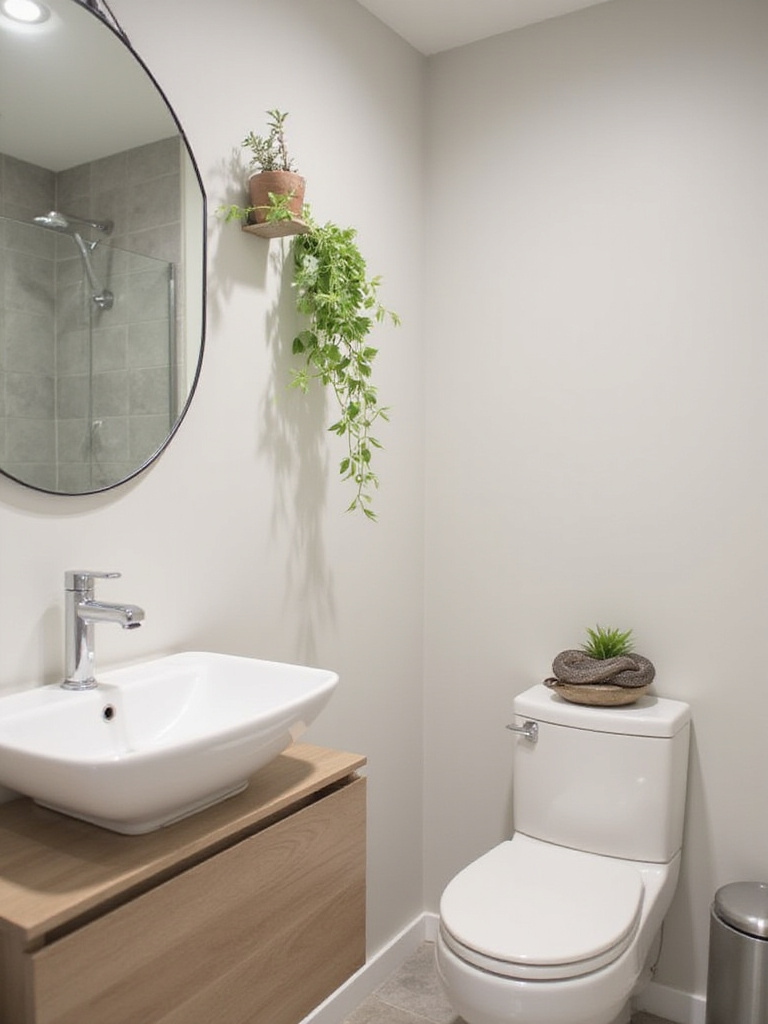 Small bathroom remodel with plants: a hanging pothos and a snake plant add a touch of nature.