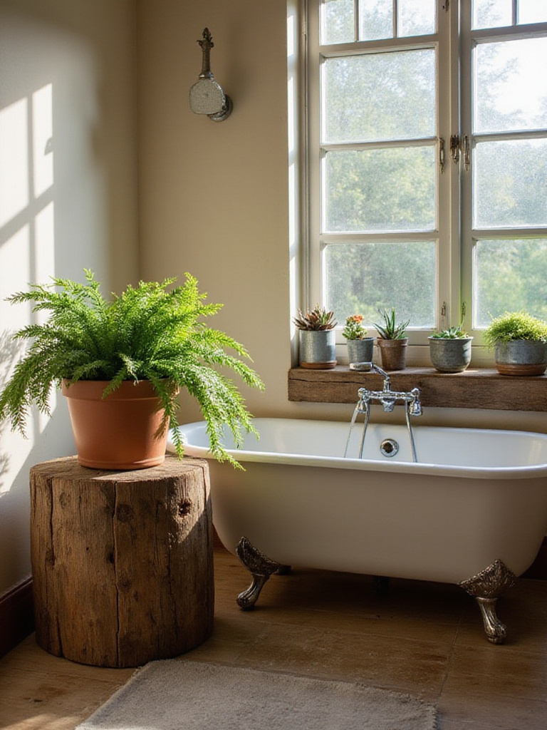 Rustic bathroom decor featuring greenery in terracotta and galvanized metal pots.