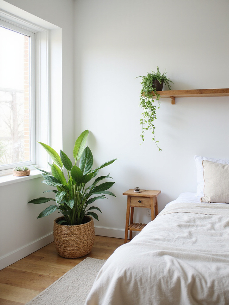 Bright bedroom with snake plant, pothos, and succulent bringing nature indoors.