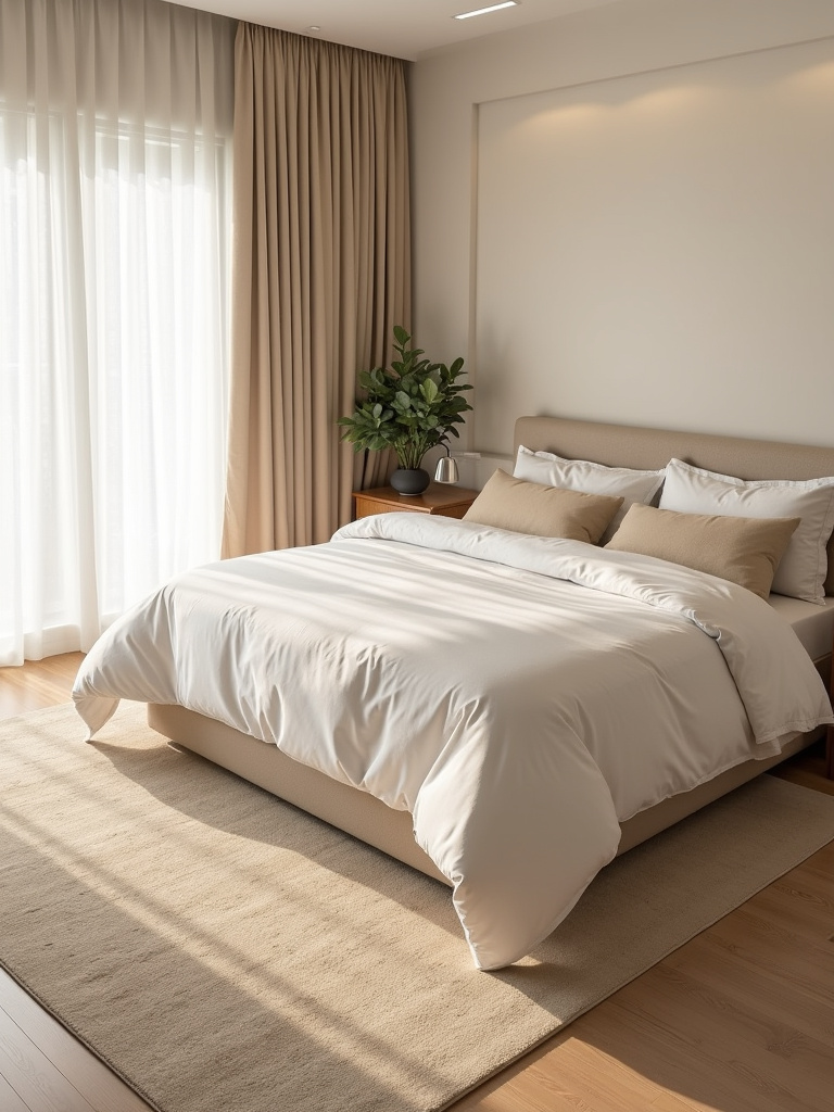 Beige bedroom with a soft wool rug adding warmth and texture under the bed.