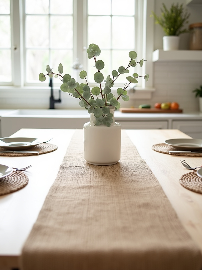 Jute table runner adding texture to a modern farmhouse kitchen table setting.
