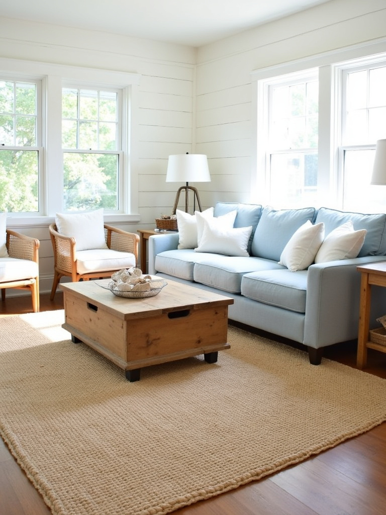 Coastal living room with seagrass rug, linen sofa, and rattan chairs