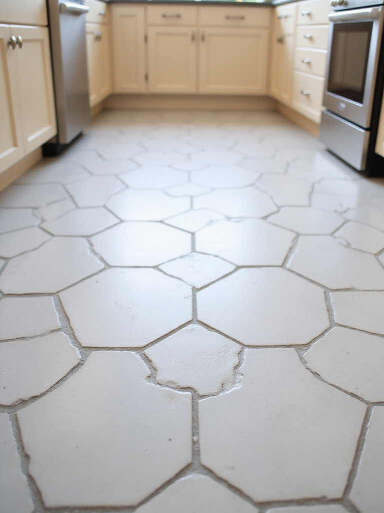 Modern kitchen floor with light gray hexagonal tiles and contrasting dark gray grout.
