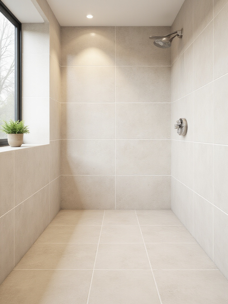 Small bathroom with light beige tiles and light cream grout creating a spacious feel