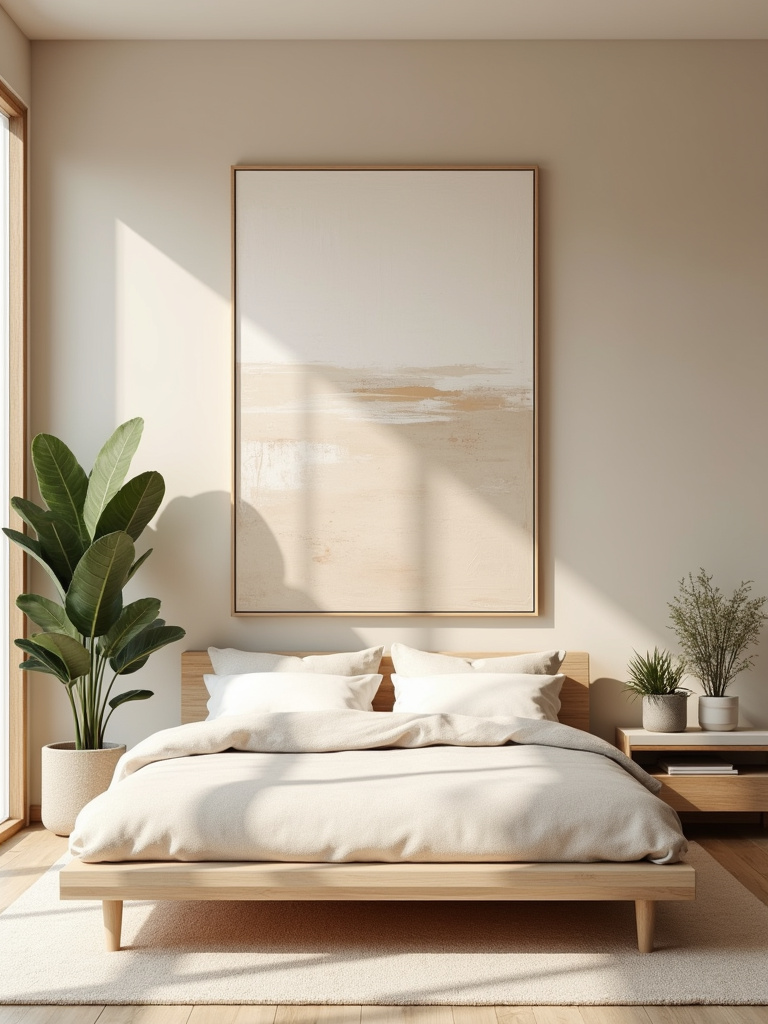 Beige bedroom with abstract beige art above the bed for a modern look
