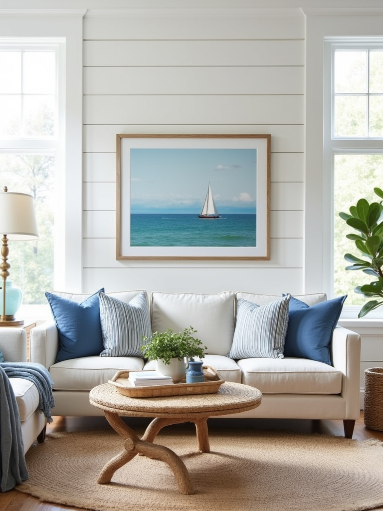 Coastal living room with seascape painting and nautical decor