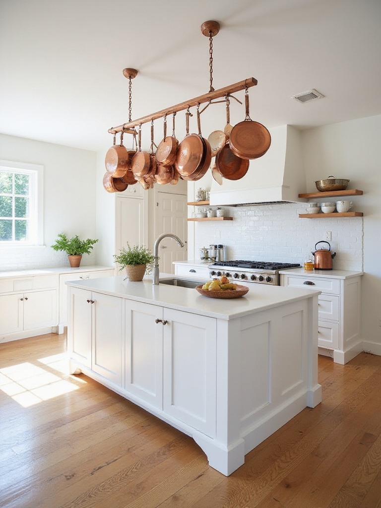 Kitchen with copper pot rack hanging above island
