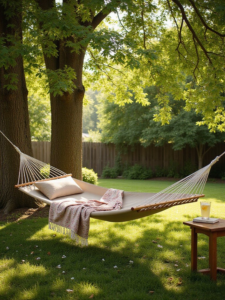 Relaxing fabric hammock hanging between trees in a peaceful backyard oasis