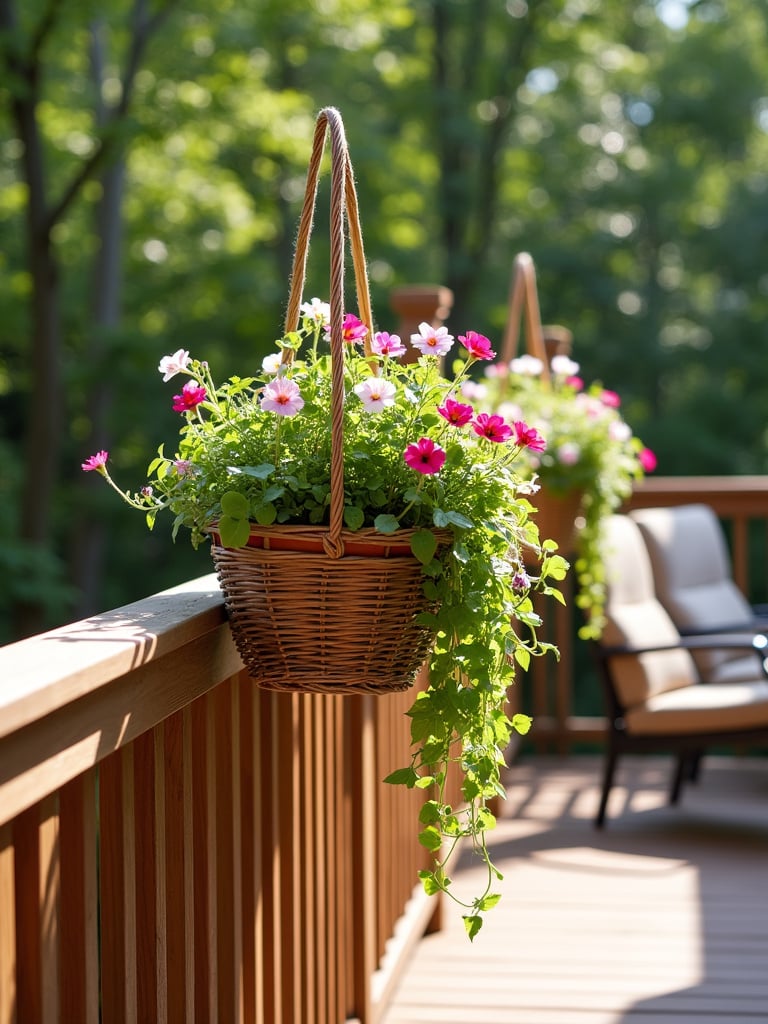 Hanging baskets overflowing with colorful flowers and lush greenery transforming a deck into a beautiful outdoor paradise.