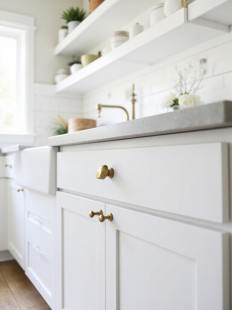 Brushed brass knobs and pulls on white shaker kitchen cabinets.