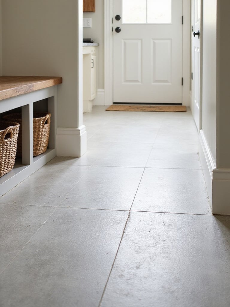 Modern mudroom with light gray heated tile flooring