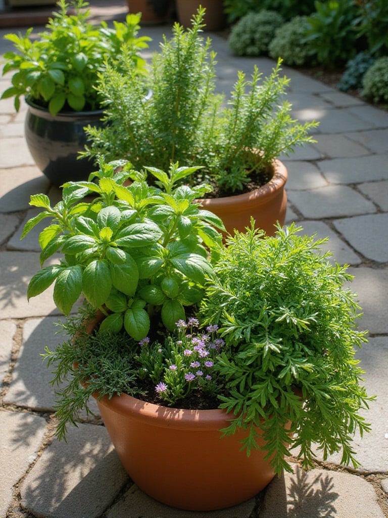 Thriving container herb garden with various herbs in terracotta and ceramic pots on a sunny patio.