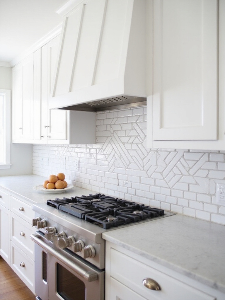 Farmhouse kitchen backsplash featuring white subway tiles in a herringbone pattern.