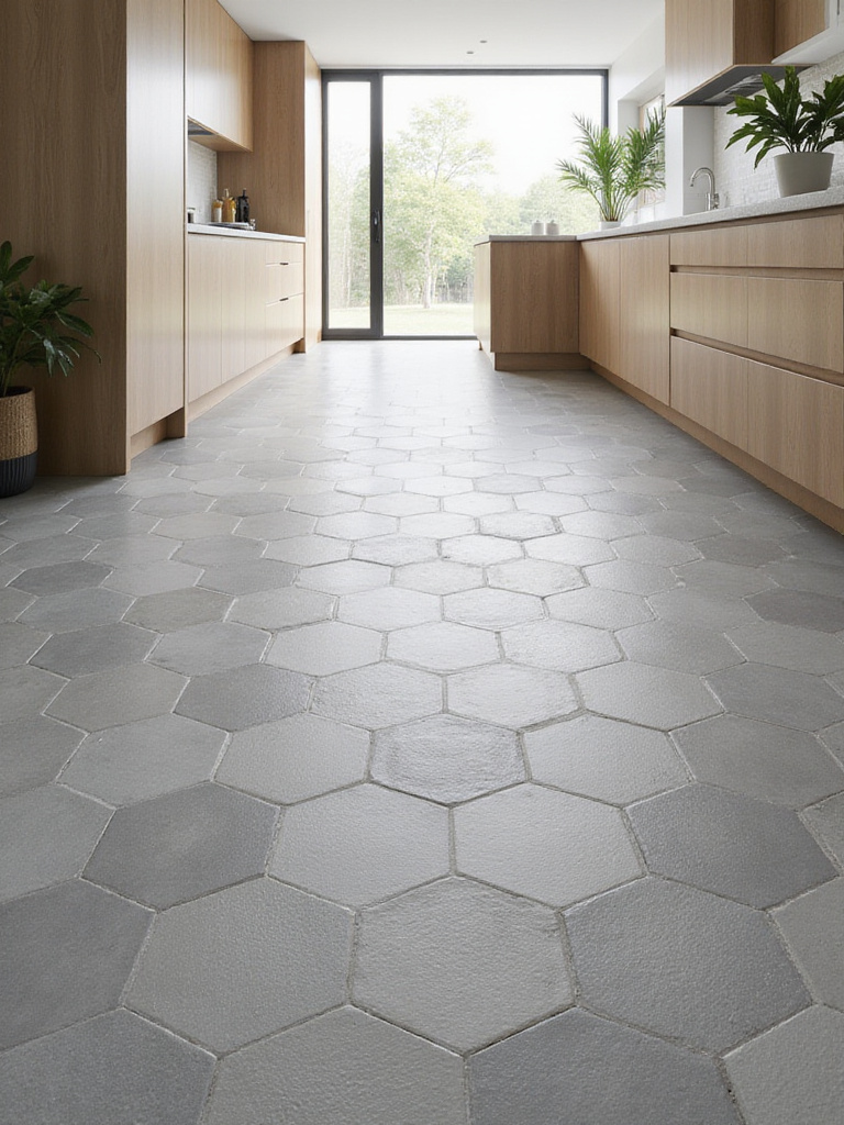 Modern kitchen with gray gradient hexagon tile flooring.