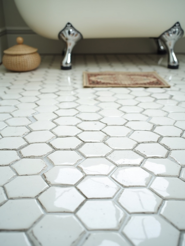 Vintage bathroom floor featuring white hexagonal tiles with dark gray grout and a clawfoot tub