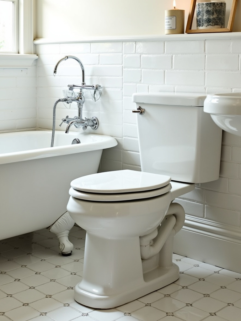 Vintage bathroom with high-tank toilet, clawfoot tub, and pedestal sink.