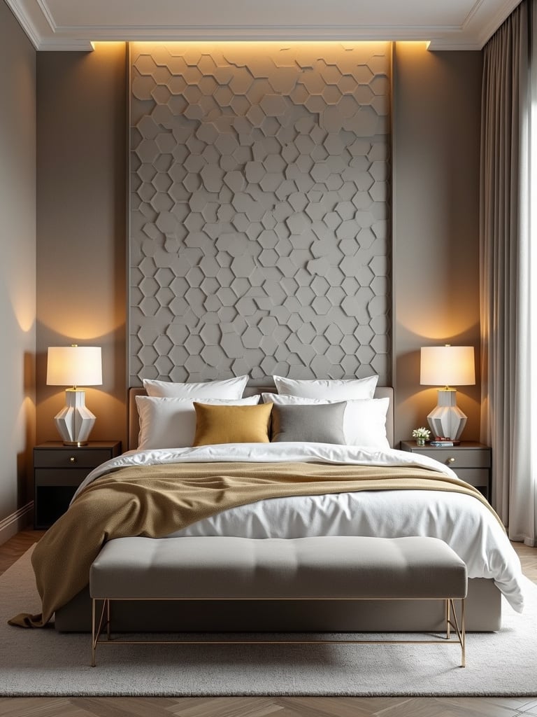 Modern bedroom with grey and cream honeycomb wallpaper accent wall