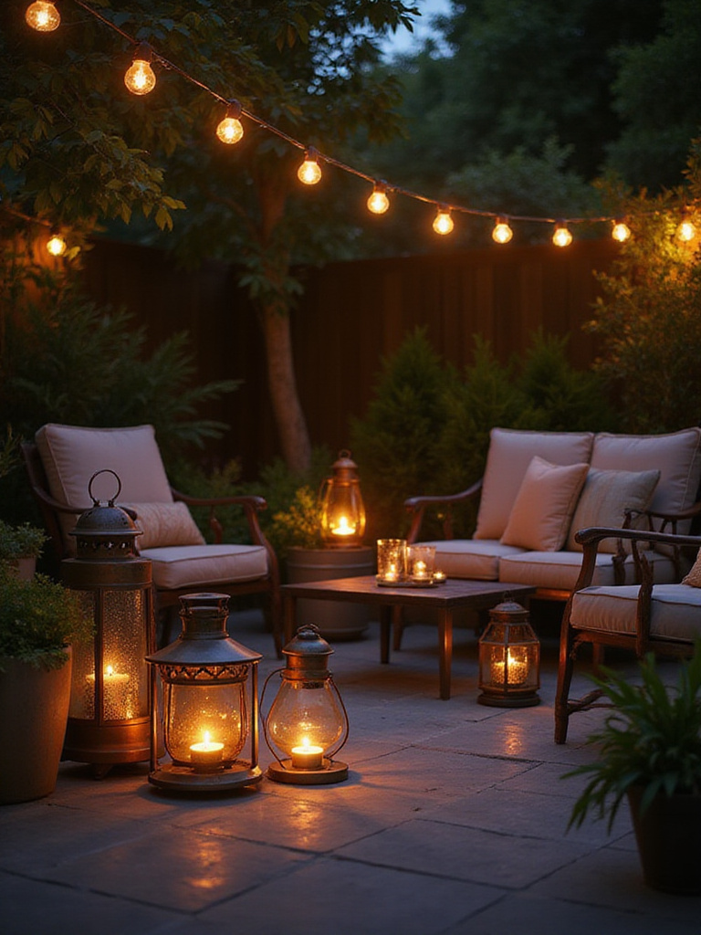 Patio illuminated at dusk with various lanterns and candle holders creating a warm and inviting atmosphere.
