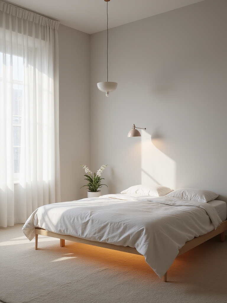 Minimalist bedroom with a single pendant light and soft, diffused lighting.