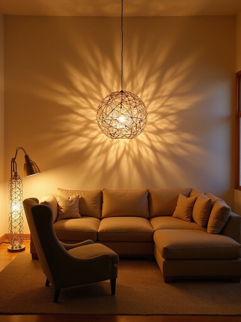 Modern living room with statement lighting including chandelier and floor lamp