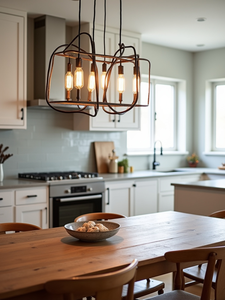 Statement pendant light hanging above a kitchen table