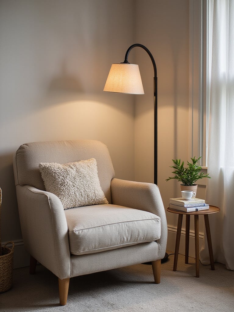 Stylish reading nook with comfortable armchair and arc floor lamp.