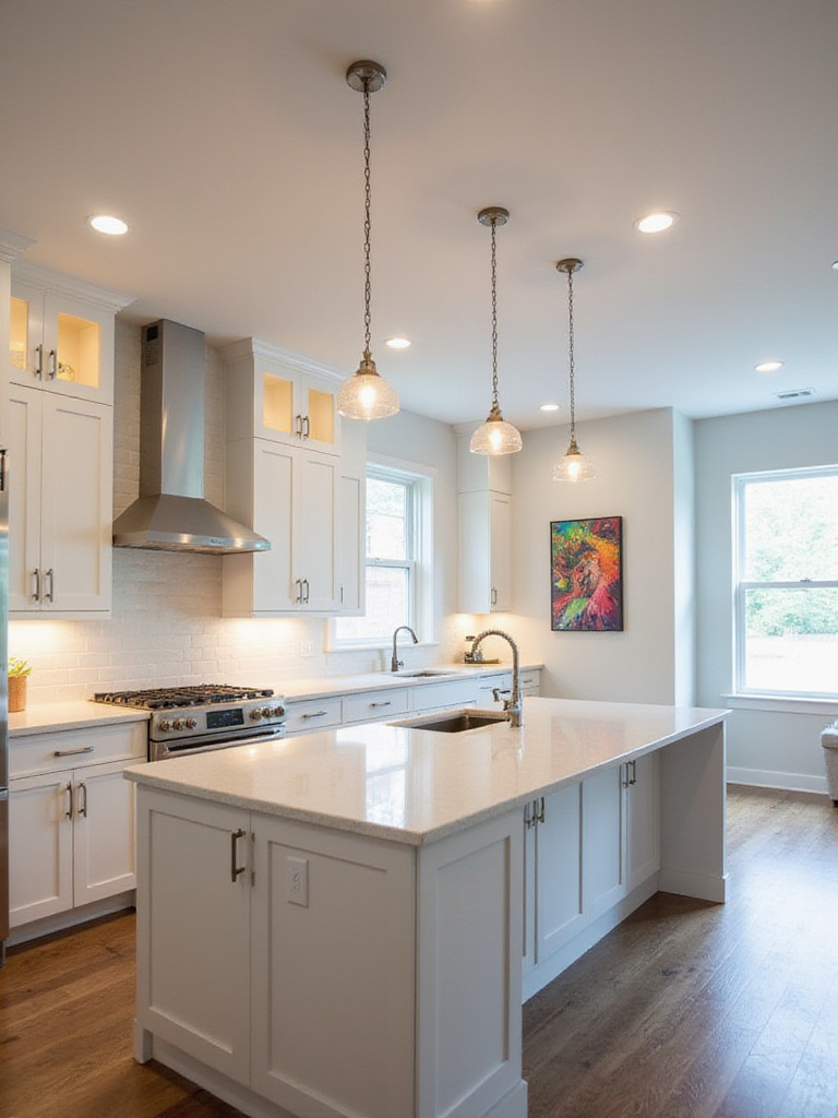 Modern kitchen with stylish pendant lights, under-cabinet lighting, and recessed lighting.