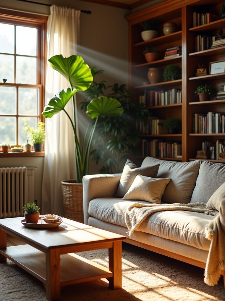 Cozy living room with wood furniture and plants