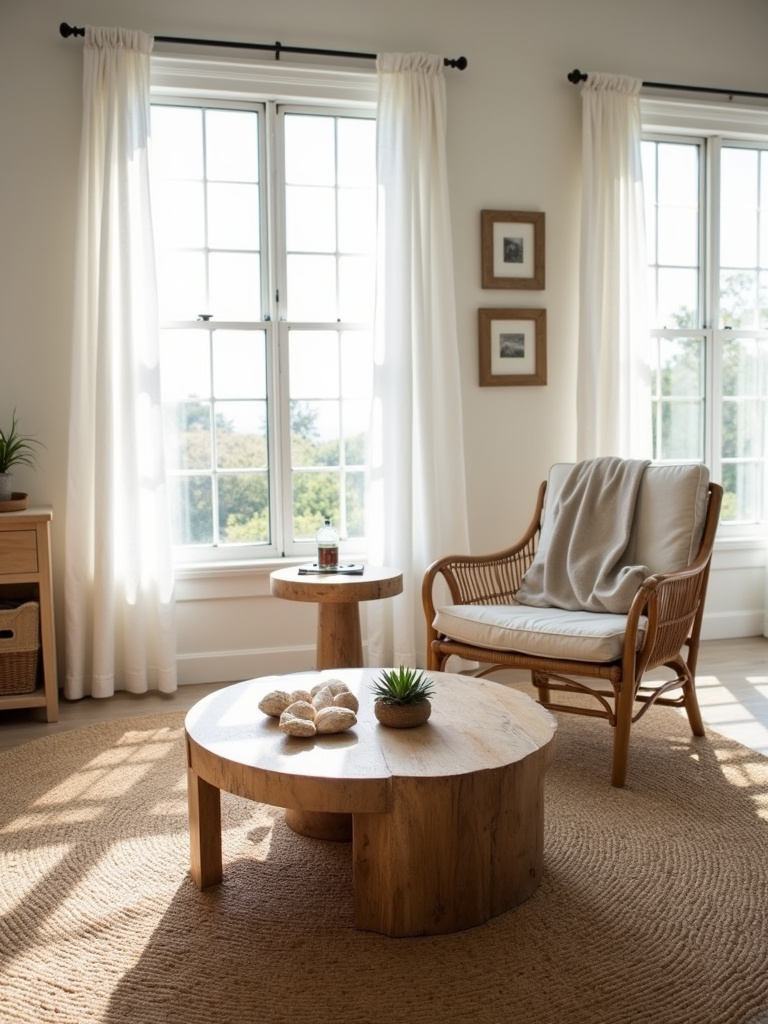 Coastal living room with jute rug, rattan armchair, and linen curtains.