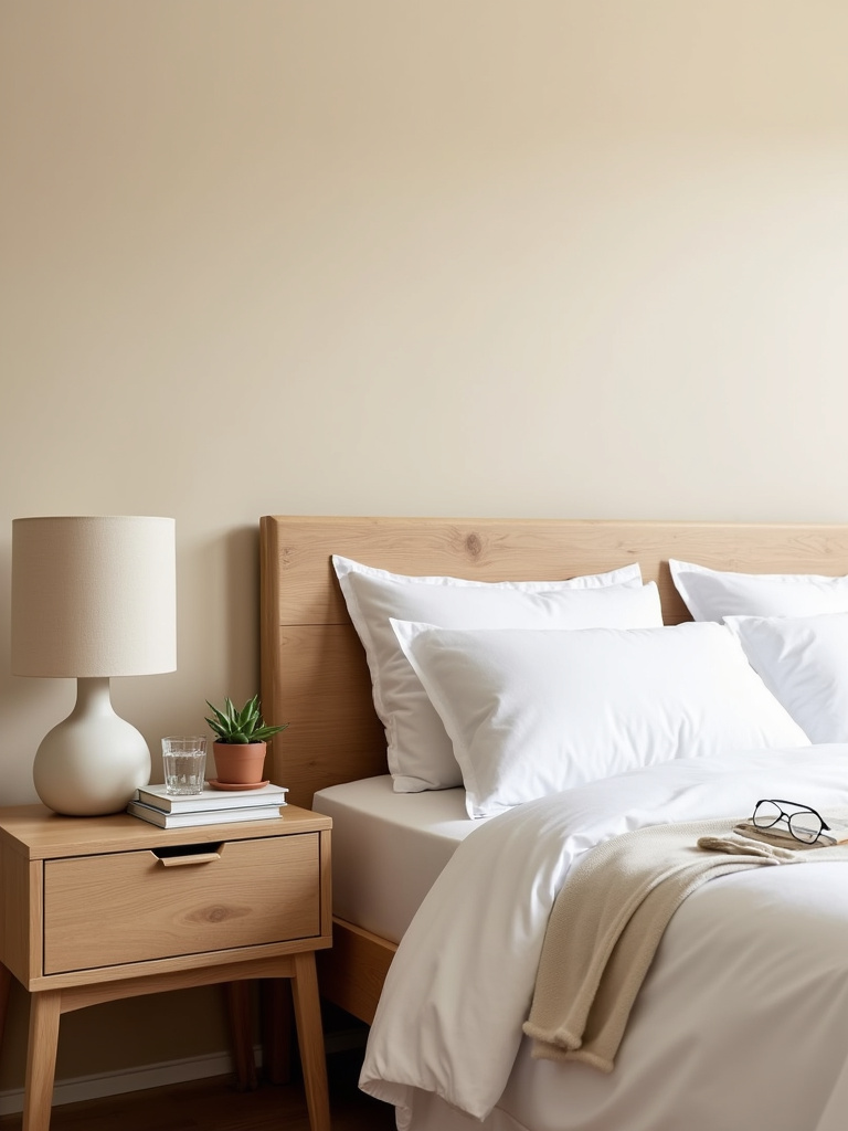 Beige bedroom with natural wood nightstands creating a harmonious and inviting atmosphere.