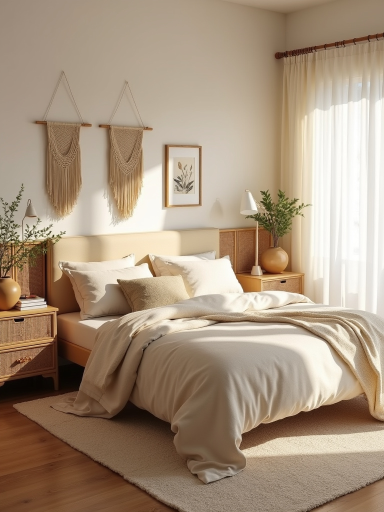 Beige bedroom with rattan headboard and nightstands, creating a Bohemian vibe