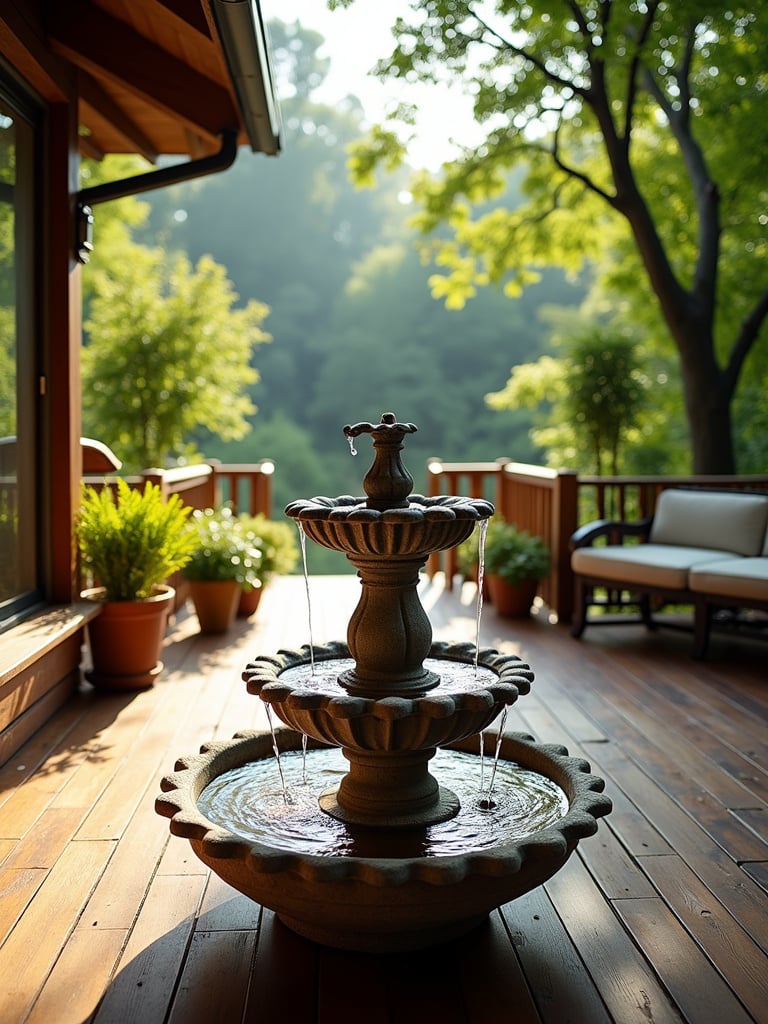 Deck with stone fountain and lush greenery