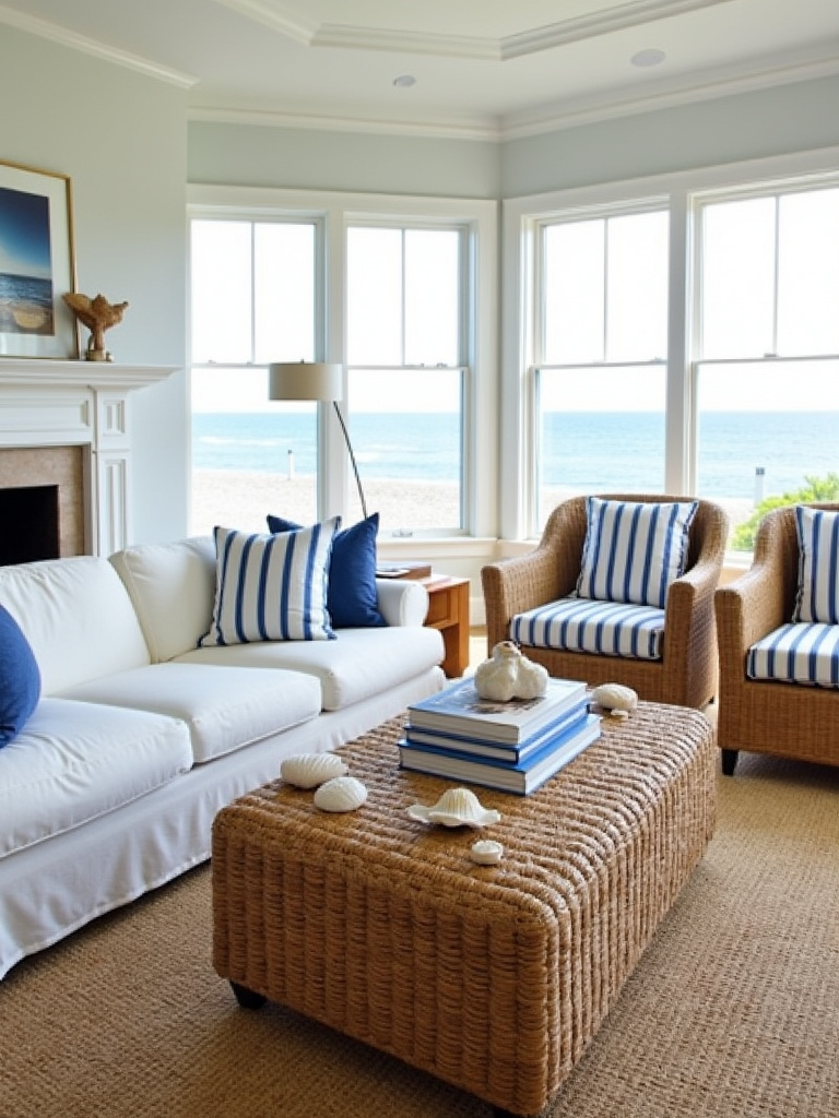 Coastal living room with rattan coffee table and wicker armchairs
