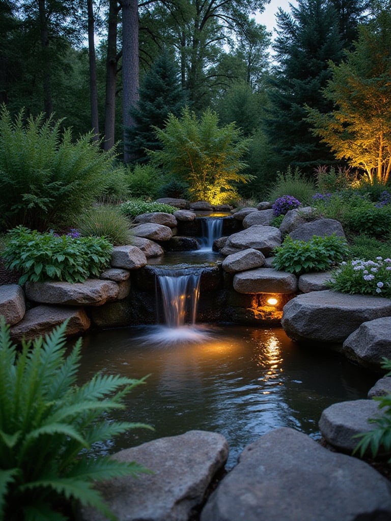 Backyard with tranquil waterfall and pond water feature at dusk