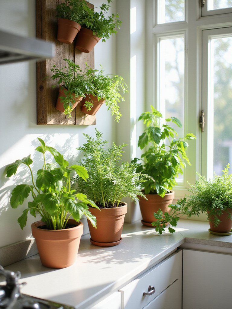 Thriving indoor herb garden in a modern kitchen, adding natural beauty and fresh herbs for cooking.