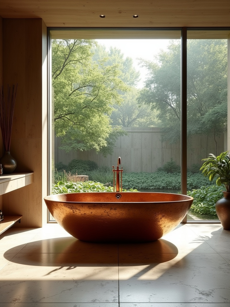 Luxury bathroom with a freestanding copper statement bathtub overlooking a garden view.