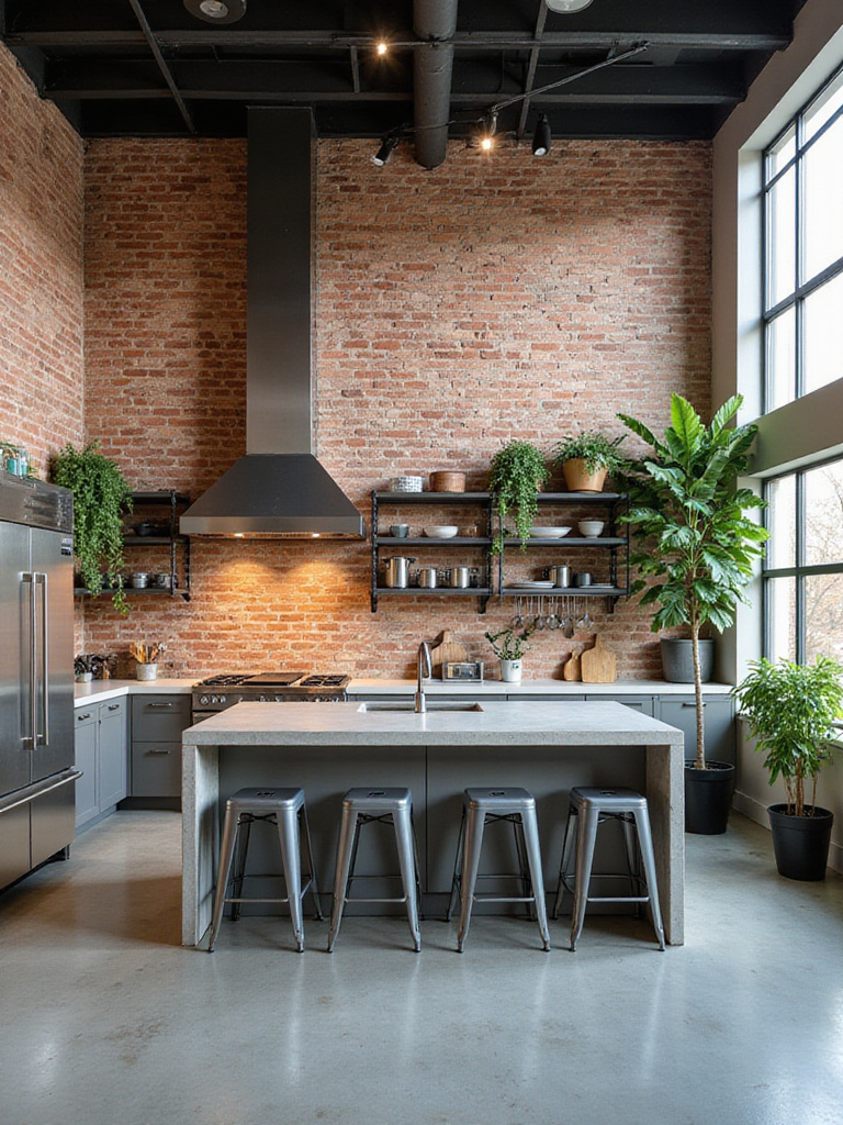 Modern industrial kitchen with exposed brick wall, stainless steel appliances, and concrete island.