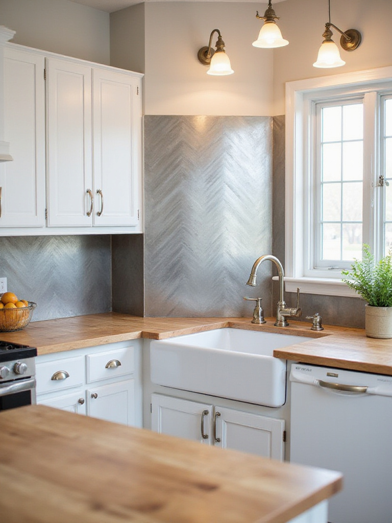 Farmhouse kitchen with stainless steel backsplash