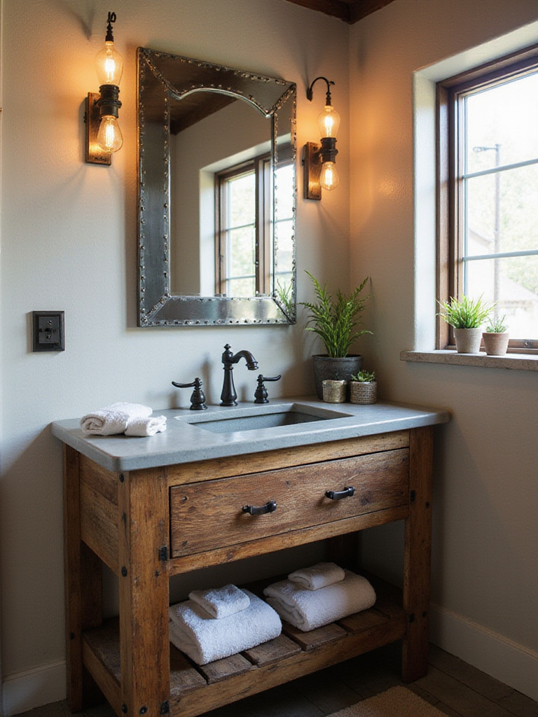 Rustic bathroom with reclaimed wood vanity, industrial metal mirror, and galvanized steel shelving.
