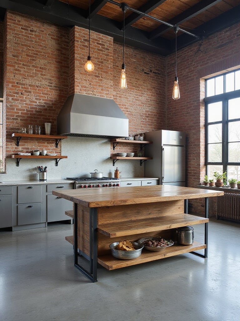 Industrial style kitchen design with concrete floors, exposed brick, and reclaimed wood island.