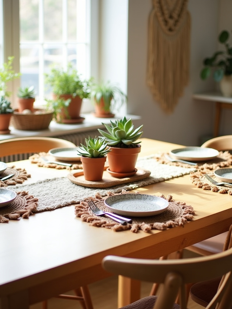 Boho kitchen table decor with tassel placemats and macrame runner