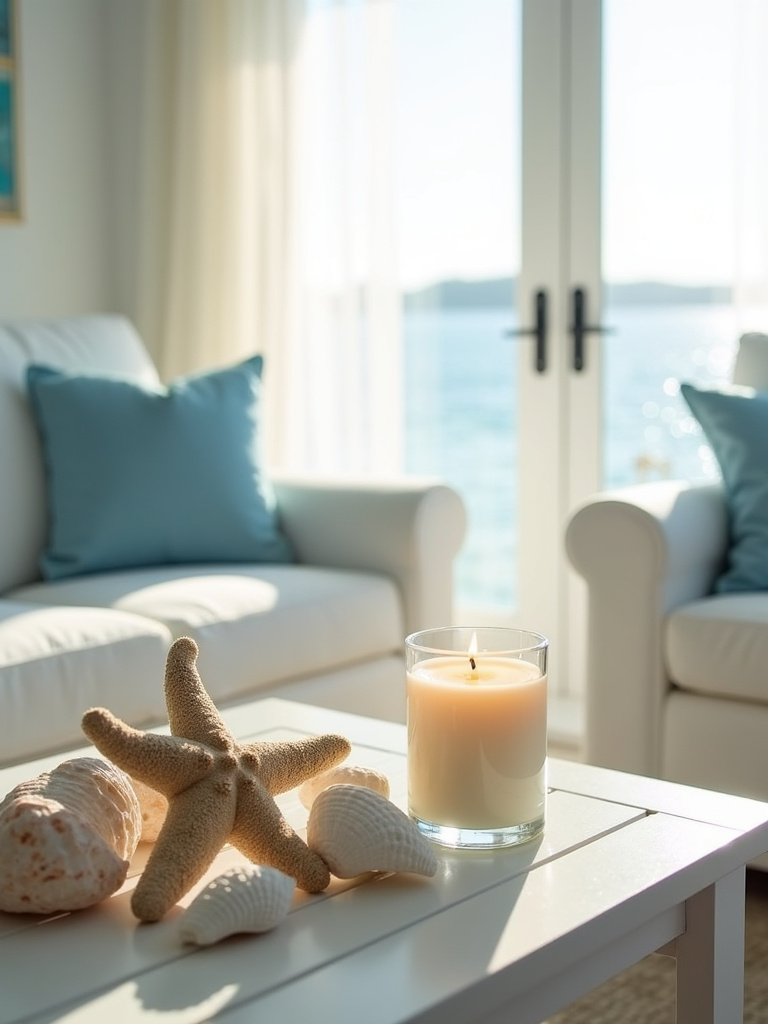 Sea salt scented candle on coffee table in coastal living room, bringing the ocean scent home