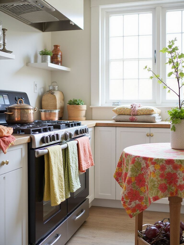 Colorful dish towels and linens adding pops of color to a kitchen.