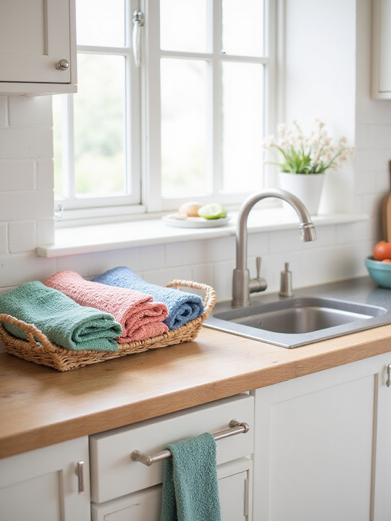 Colorful kitchen towels adding personality to a modern kitchen.