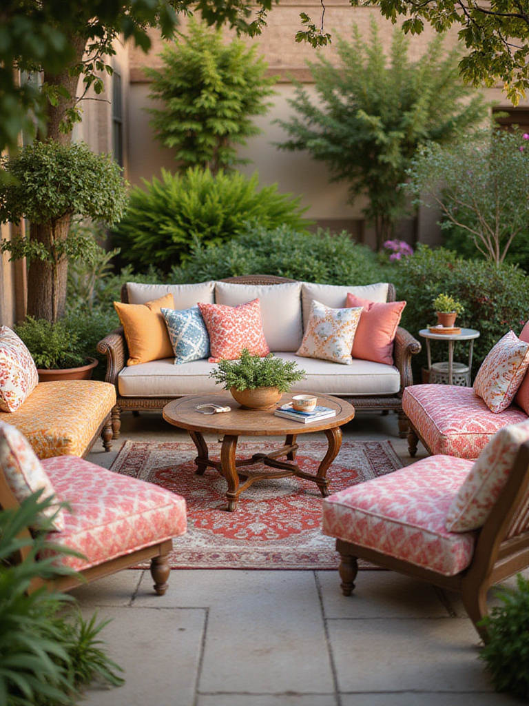 Patio furniture with colorful and patterned throw pillows.