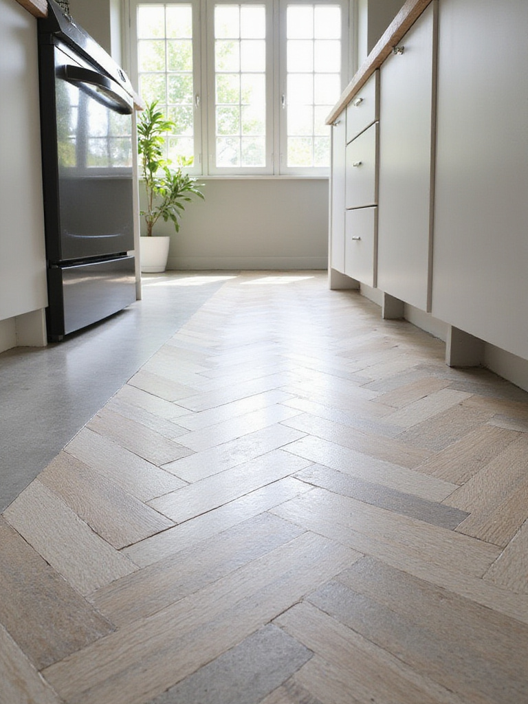 Modern kitchen showcasing polished concrete and wood-look porcelain tile flooring.