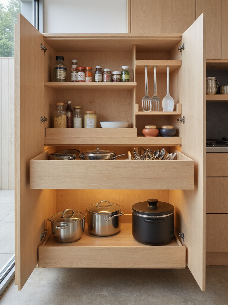 Organized kitchen cabinet with pull-out spice rack, drawer dividers, and roll-out tray for specialized storage.