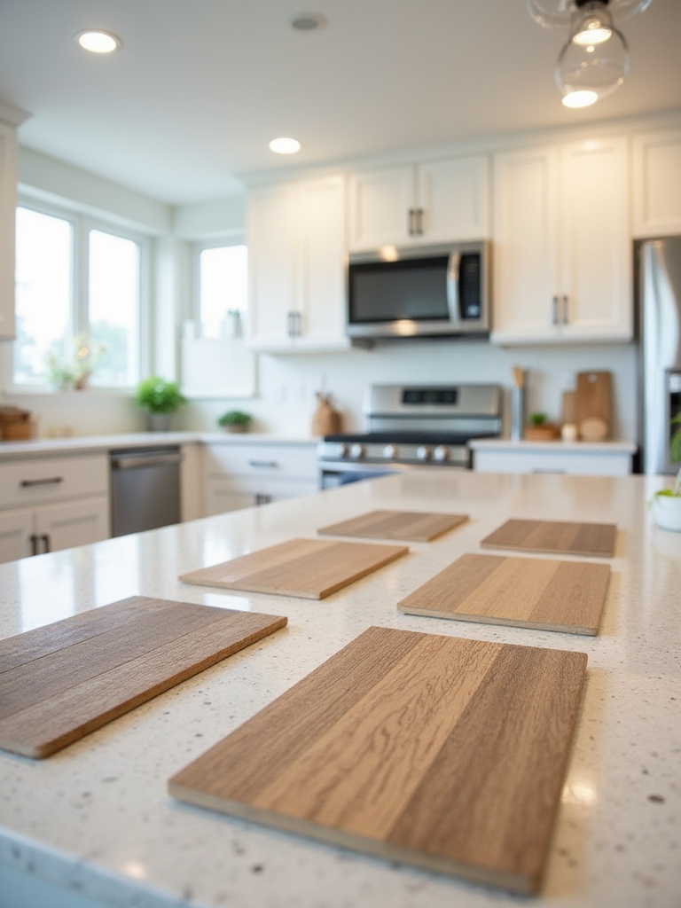 Kitchen featuring white cabinets and granite countertops with a variety of flooring samples displayed, showcasing different materials and colors.