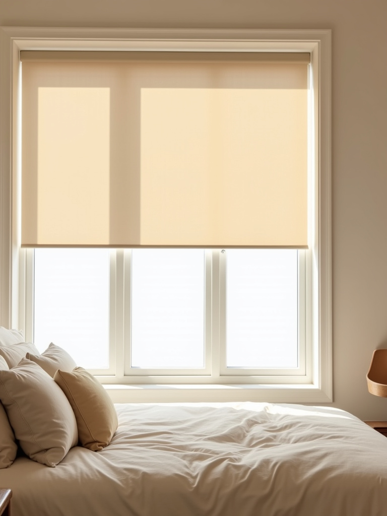 Beige bedroom with beige roller blinds providing privacy and light control.